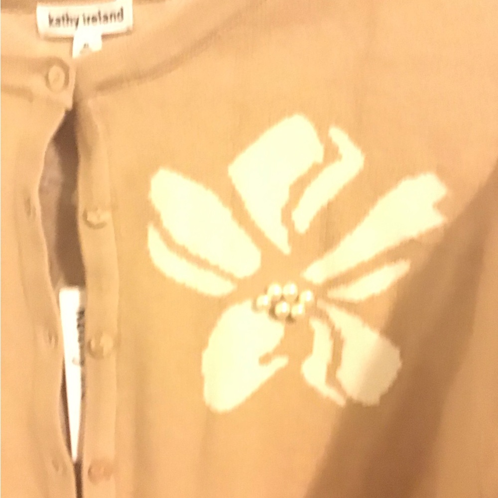 Kathy Ireland Tan Cardigan with White Floral Design
